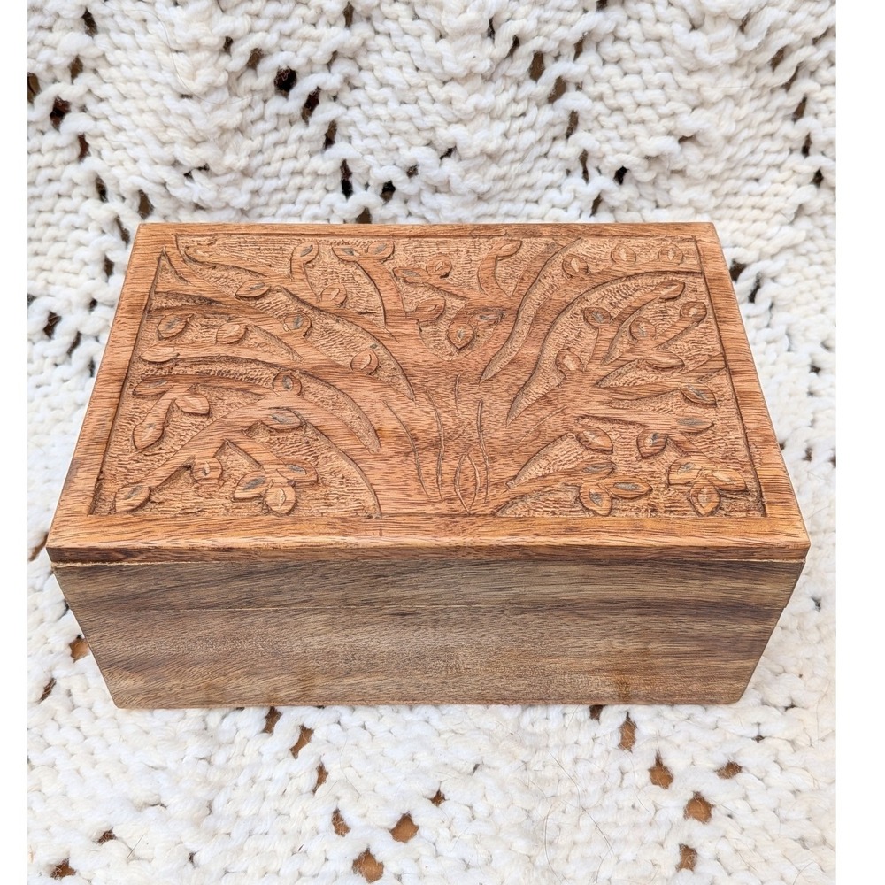 Matr Boomie Carved Mango Wood Jewelry Box Tree of Life Storage Chest with Tray
